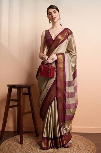 beige designer kanjeevaram saree with woven zari design
