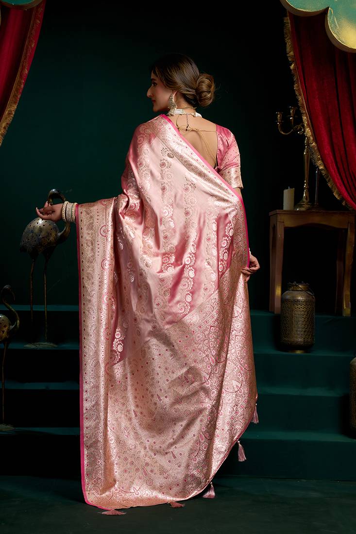 Pink soft banarasi satin silk with gold zari saree with blouse piece