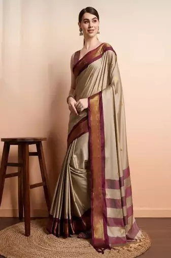 beige designer kanjeevaram saree with woven zari design