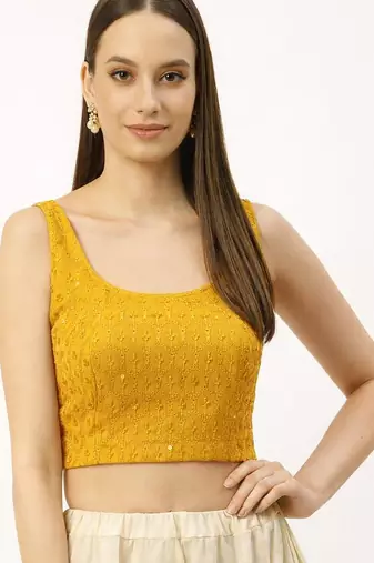 Yellow rayon embroidered with sequin non padded blouse with lining