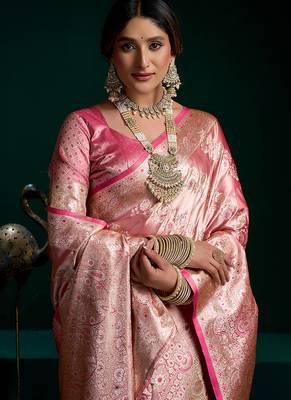 Pink soft banarasi satin silk with gold zari saree with blouse piece 4