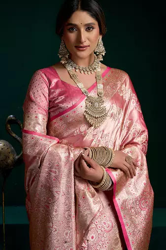Pink soft banarasi satin silk with gold zari saree with blouse piece