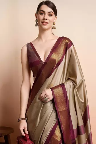 beige designer kanjeevaram saree with woven zari design