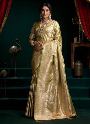 Green soft banarasi satin silk with gold zari saree with blouse piece 1