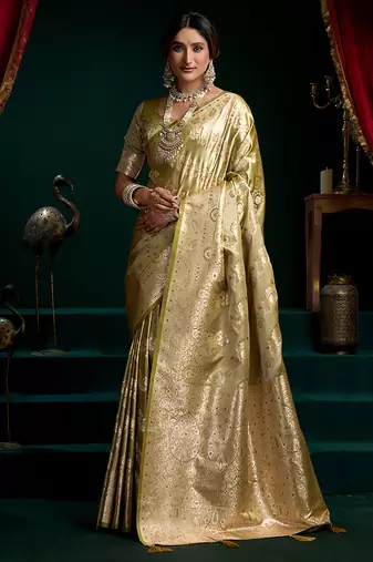 Green soft banarasi satin silk with gold zari saree with blouse piece