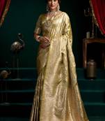 Green soft banarasi satin silk with gold zari saree with blouse piece