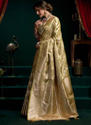 Green soft banarasi satin silk with gold zari saree with blouse piece 2
