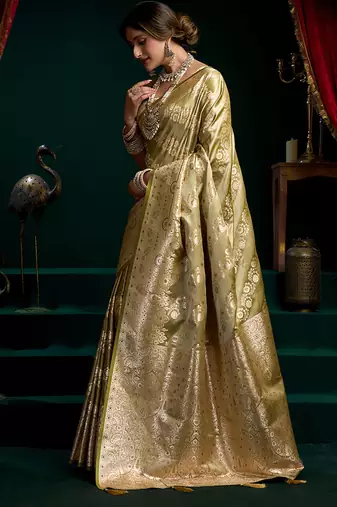 Green soft banarasi satin silk with gold zari saree with blouse piece