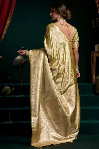Green soft banarasi satin silk with gold zari saree with blouse piece