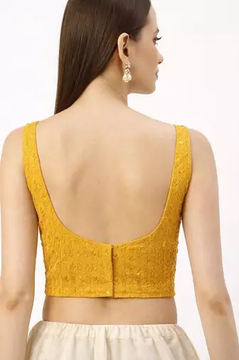 Yellow rayon embroidered with sequin non padded blouse with lining