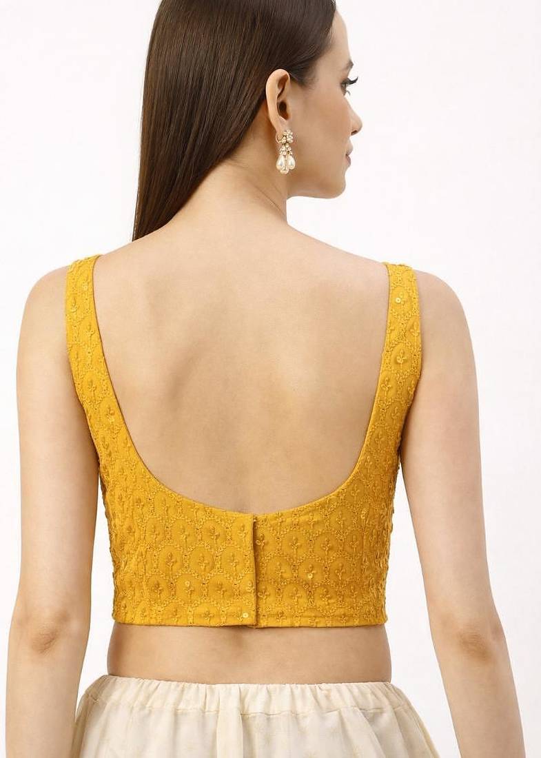 Yellow rayon embroidered with sequin non padded blouse with lining