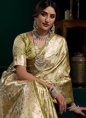 Green soft banarasi satin silk with gold zari saree with blouse piece 4