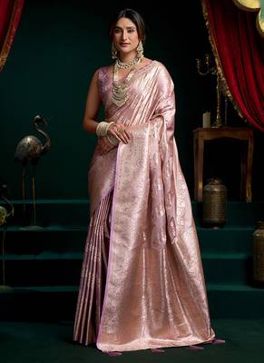 Lavender soft banarasi satin silk with gold zari saree with blouse piece 1