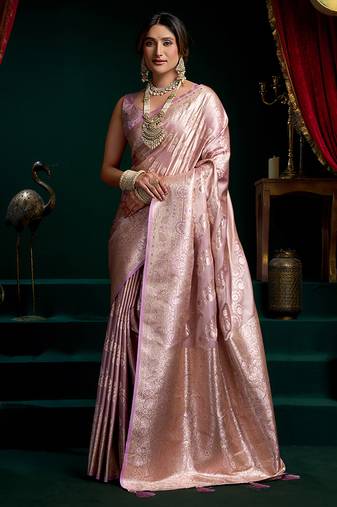 Lavender soft banarasi satin silk with gold zari saree with blouse piece