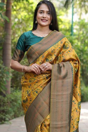 gold saree with kanjeevaram woven zari pattern
