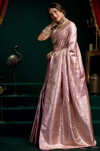 Lavender soft banarasi satin silk with gold zari saree with blouse piece