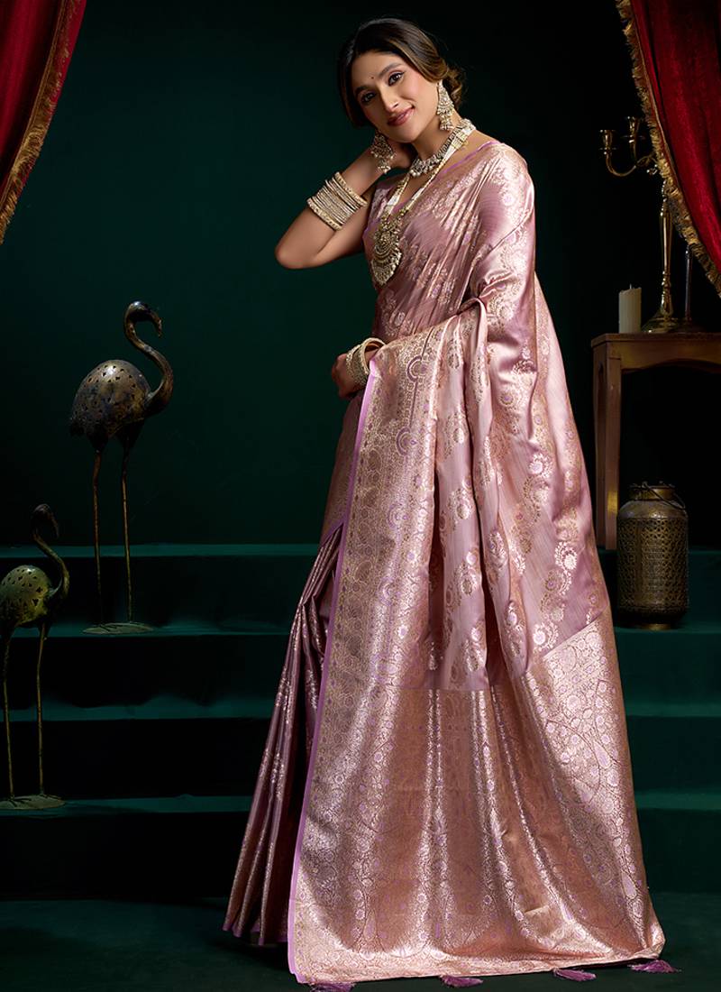 Lavender soft banarasi satin silk with gold zari saree with blouse piece