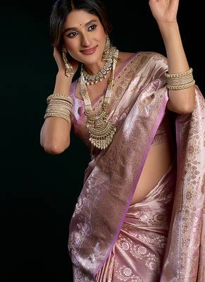 Lavender soft banarasi satin silk with gold zari saree with blouse piece 4