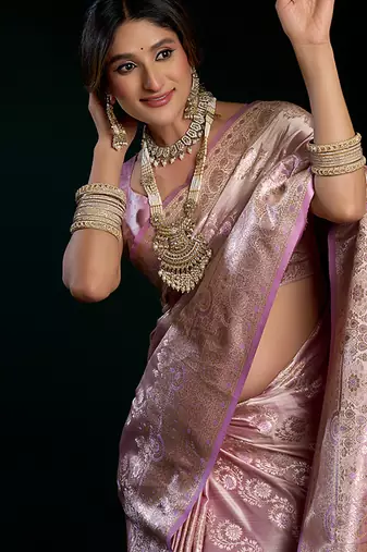 Lavender soft banarasi satin silk with gold zari saree with blouse piece