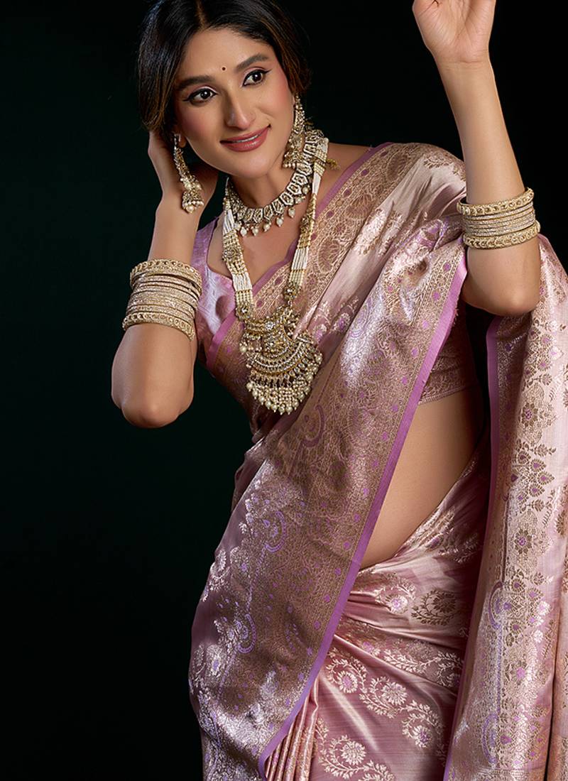 Lavender soft banarasi satin silk with gold zari saree with blouse piece