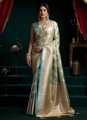 Sea green soft banarasi satin silk with gold zari saree with blouse piece 1