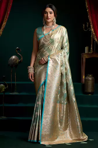 Sea green soft banarasi satin silk with gold zari saree with blouse piece