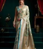 Sea green soft banarasi satin silk with gold zari saree with blouse piece