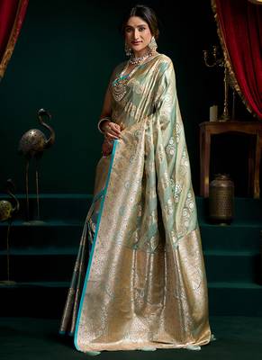 Sea green soft banarasi satin silk with gold zari saree with blouse piece 2