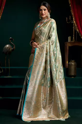 Sea green soft banarasi satin silk with gold zari saree with blouse piece