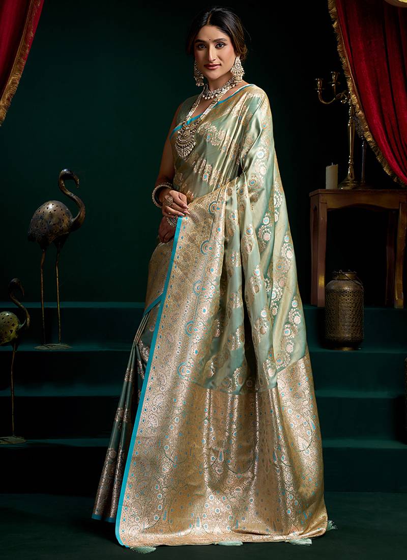 Sea green soft banarasi satin silk with gold zari saree with blouse piece