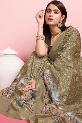 beige mysore silk saree with kalamkari print design