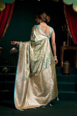 Sea green soft banarasi satin silk with gold zari saree with blouse piece 3