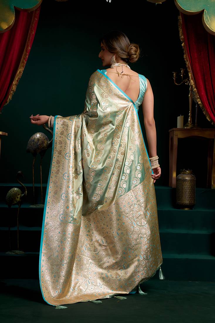 Sea green soft banarasi satin silk with gold zari saree with blouse piece