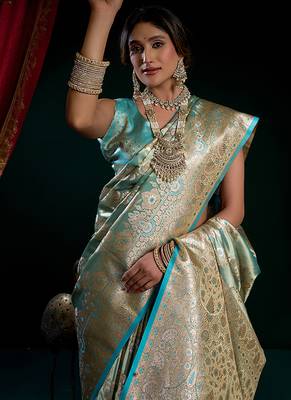 Sea green soft banarasi satin silk with gold zari saree with blouse piece 4