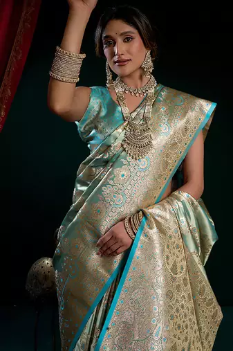 Sea green soft banarasi satin silk with gold zari saree with blouse piece