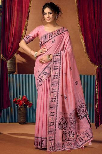 Pink cotton blend warli work saree with unstitched blouse