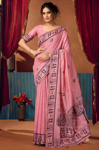 Pink cotton blend warli work saree with unstitched blouse