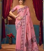 Pink cotton blend warli work saree with unstitched blouse
