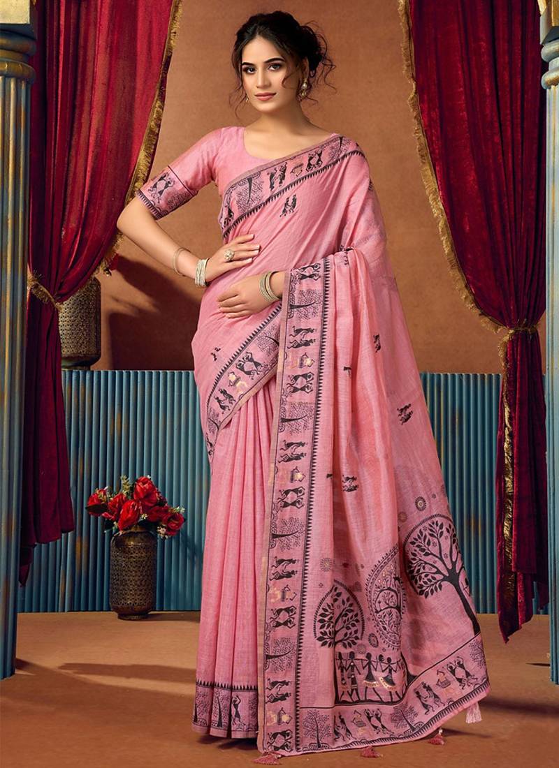 Pink cotton blend warli work saree with unstitched blouse