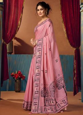Pink cotton blend warli work saree with unstitched blouse 2