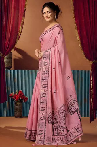 Pink cotton blend warli work saree with unstitched blouse
