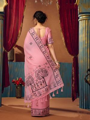 Pink cotton blend warli work saree with unstitched blouse 3