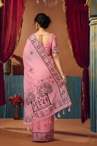 Pink cotton blend warli work saree with unstitched blouse