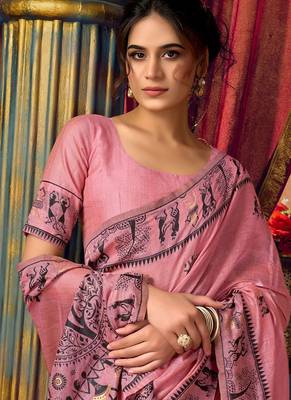 Pink cotton blend warli work saree with unstitched blouse 4