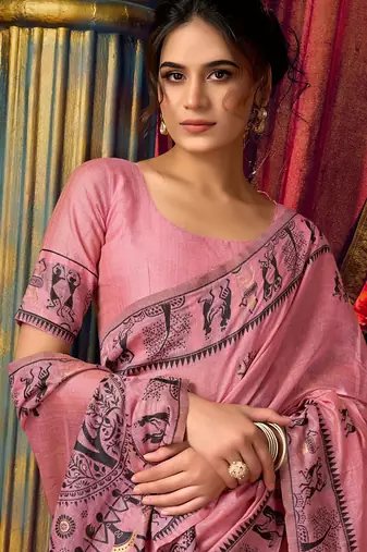 Pink cotton blend warli work saree with unstitched blouse