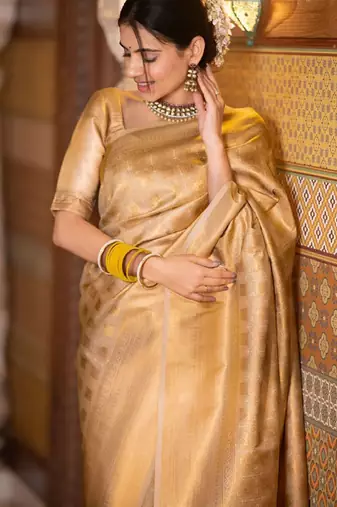 gold kanjeevaram saree with traditional woven design
