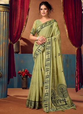 Light green cotton blend warli work saree with unstitched blouse 1