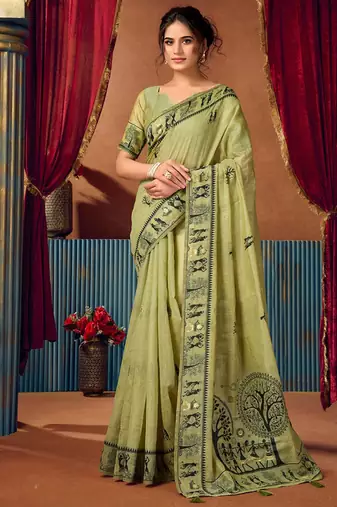 Light green cotton blend warli work saree with unstitched blouse