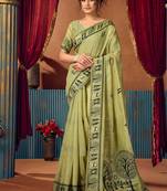 Light green cotton blend warli work saree with unstitched blouse