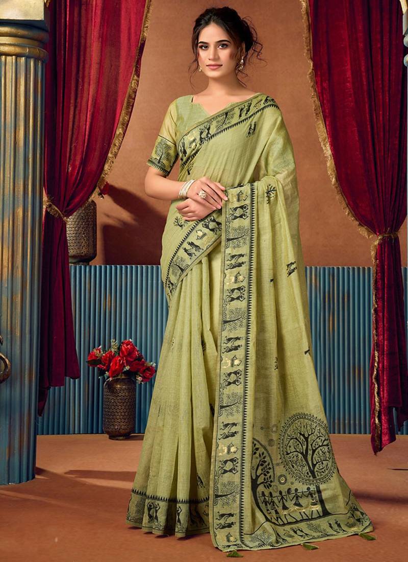 Light green cotton blend warli work saree with unstitched blouse